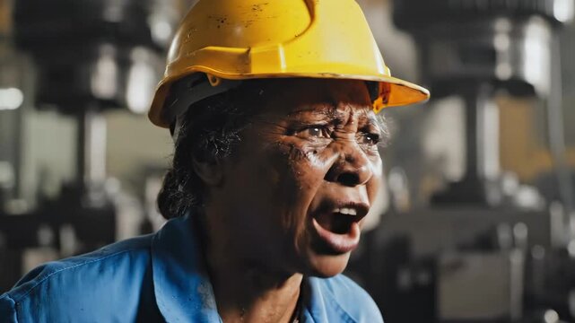Factory worker shouting warning amid heavy machinery, sweaty face under helmet, panic, shock expression during dangerous moment in industrial facility, concept of alarm, risk, anger and urgent danger