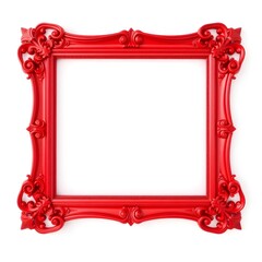 Ornate red picture frame with intricate details and floral patterns on a plain white background isolated for design use