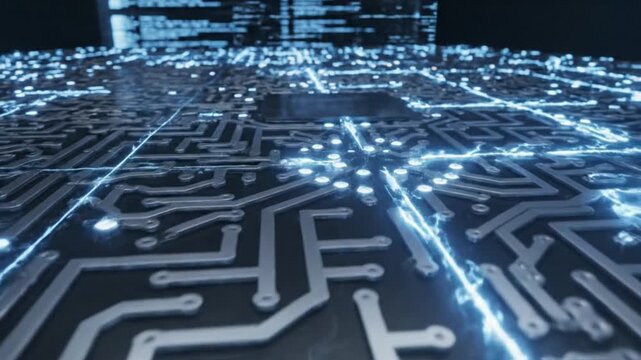 Circuit board with glowing blue pathways and illuminated components viewed from above in a technological environment