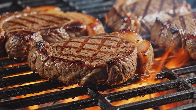 Steak grilling on barbecue with flames