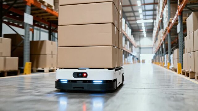 An automated guided vehicle moves stacks of packages along the floor of a distribution center.
