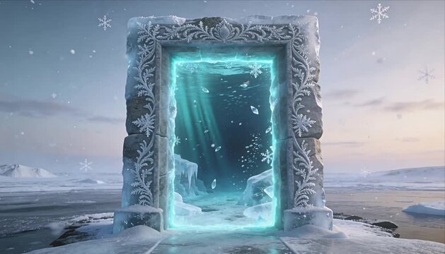 Frozen gate fantasy door glowing ice portal winter sky icy archway shimmer invites adventure and mystery cold arctic landscape magical snow flake sparkle wonder frozen sea cold water arctic landscape
