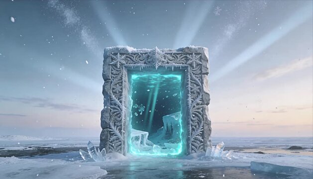 Fantasy gate door ice portal glow arctic magic landscape sky light crystal snowflake ocean surreal dreamlike wonder gateway glowing frost crystal snow landscape frozen seascape cold blue light
