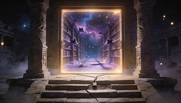 Ancient stone gate fantasy door glowing portal library corridor under starry sky mysterious magic realm with lock chain on step floor, cosmic library realm night sky magic atmosphere