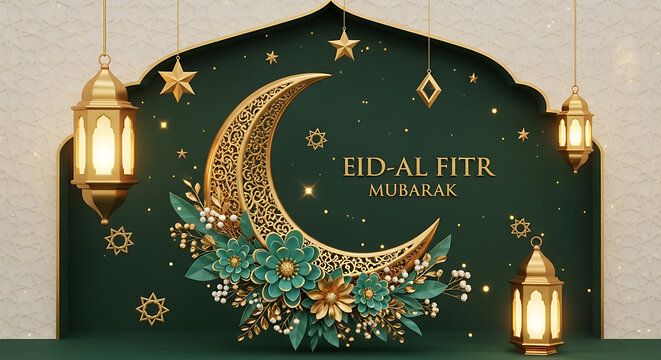High-quality 3D illustration of Eid al-Fitr theme featuring intricate golden moon filigree and glowing Arabic lanterns on dark green background. Luxury aesthetic for premium marketing.