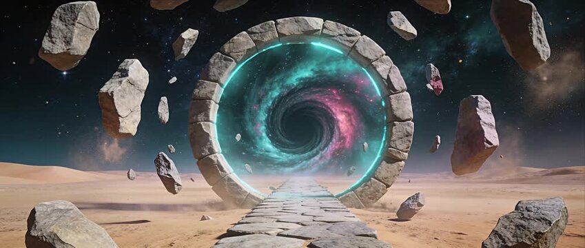 Fantasy gate glowing portal door desert night sky swirling galaxy vortex surreal stone circle floats above desert path cosmic swirl starry sky invites adventure dreamlike scene inspires mystery