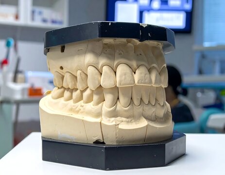 A dental model of upper and lower teeth on a black stand