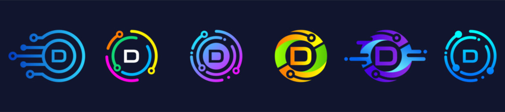 Contemporary letter D logo with vibrant gradient colors and digital circuit aesthetics