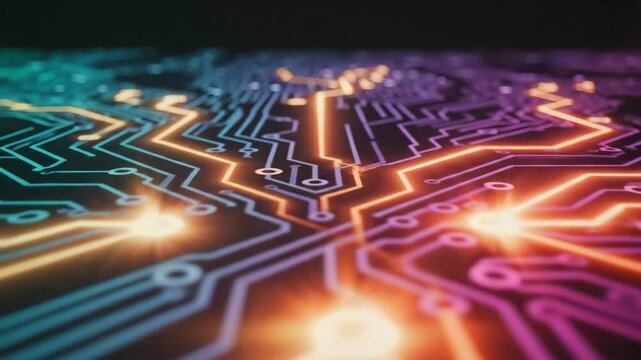 Abstract macro view of glowing circuit board, neon orange, purple conductive traces, luminous nodes and flowing data pathways forming complex electronic network representing modern microelectronics