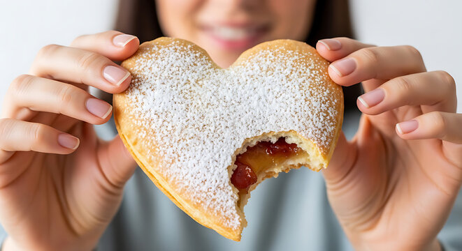 Woman holding heart-shaped bread with jam bite close-up healthy breakfast snack