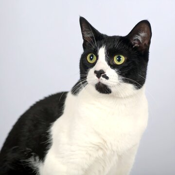 A black and white cat with distinctive markings and bright yellow eyes