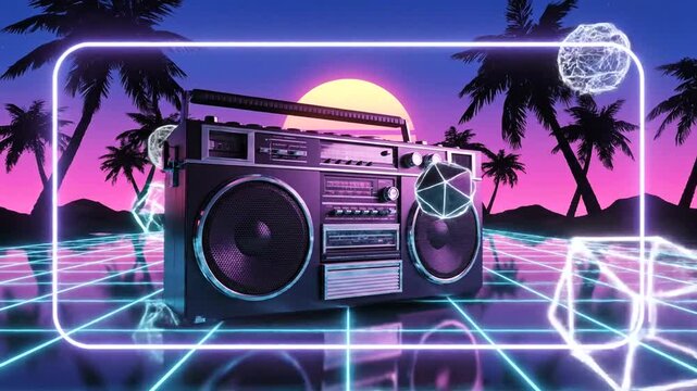 Retro Boombox on Neon Grid Background.