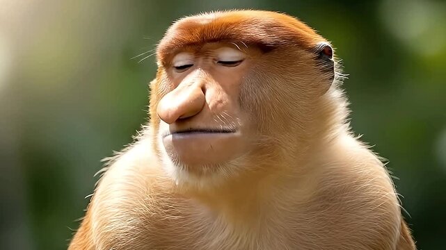 A captivating close-up features an exotic primate, distinguished by its large nose, against a lush green natural backdrop. The animal transitions from a wide, open-mouthed yawn, revealing sharp teeth 