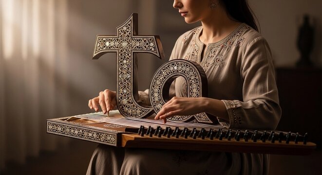 Woman playing a hammered dulcimer with cross and peace sign indoor concert serene atmosphere soft lighting musical instrument spirituality harmony