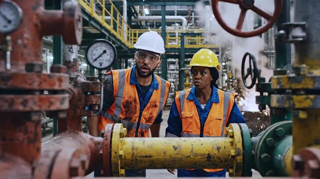 Engineers arguing beside industrial pipeline, heated dispute during maintenance inspection, workers pointing and blaming each other near valves and gauges inside noisy refinery plant