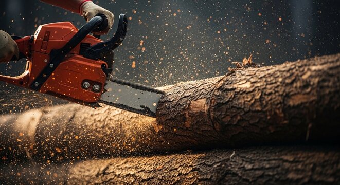 Person cutting log with orange chainsaw wood chips flying sawdust in air forestry work