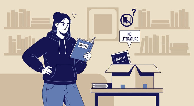 Confused student with math books, no literature allowed, studying concept