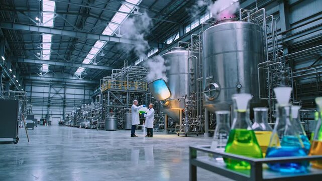 Scientists and technicians monitoring reactors inside vast industrial chemical laboratory, stainless steel tanks, pipelines forming large scale processing facility where research, quality control