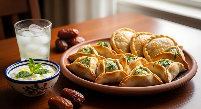middle eastern savory pastries fatayer and sambousek fresh yogurt dip dates and iced water on a rustic wooden table.