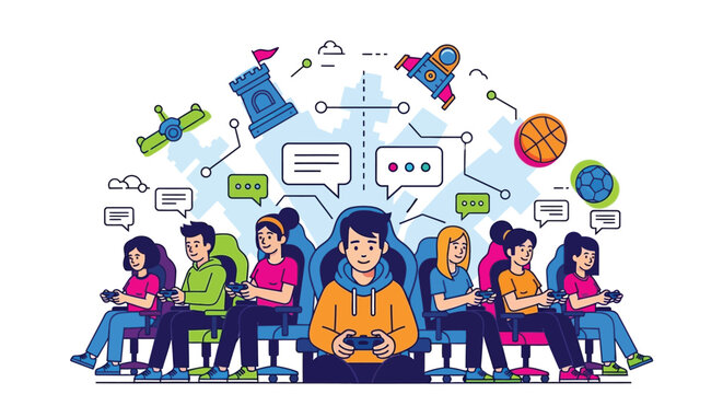 Group of diverse friends enjoying online multiplayer gaming together with chat bubbles around them