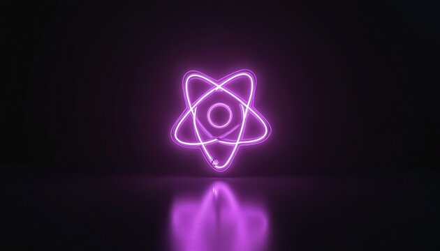 Neon atom symbol glows purple on dark background. Abstract molecule shape with orbiting electrons, science concept, tech innovation, digital art.