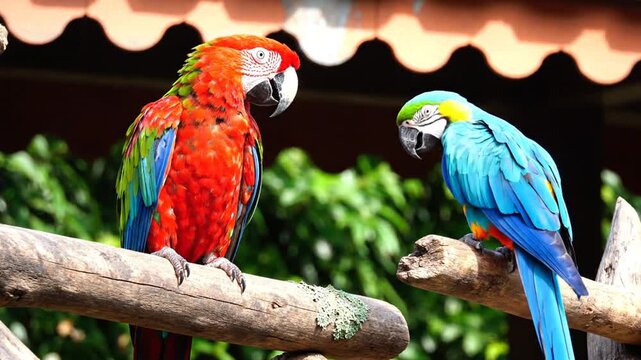 Colorful macaws perched on a wooden branch
