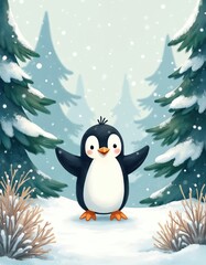 Obraz premium Cute penguin stands in snowy forest. Evergreen trees covered in snow. Gentle snowflakes fall during winter day. Happy bird poses with open wings.