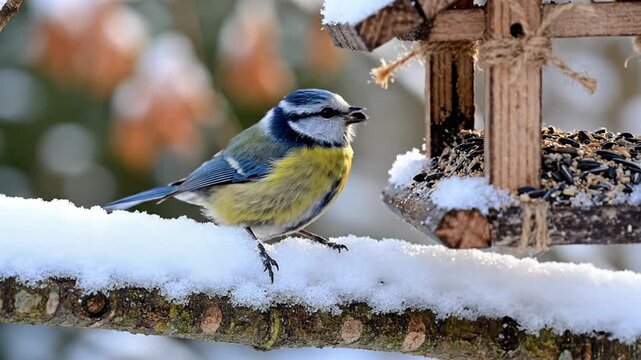 Blue Tit Bird Eating Seeds from a Snowy Feeder in Winter