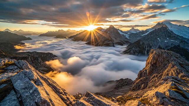 Clouds flowing rapidly across alpine mountains, timelapse view from rocky ridge showing shifting cloud layers over dramatic peaks. Natural landscape scene, atmosphere movement, weather dynamics