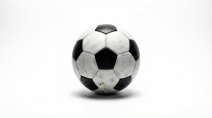 Naklejka premium Worn black and white football on a white background. Dirty soccer ball showing signs of heavy use
