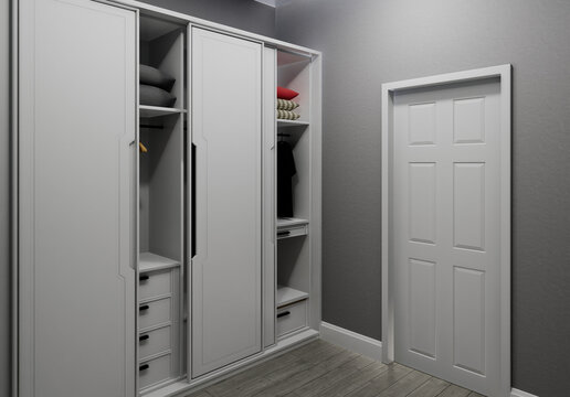 Modern White Built-in Wardrobe with Sliding Doors in Minimalist Bedroom Interior, 3D Render