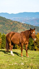 Fototapeta premium A brown horse stands on a grassy hillside
