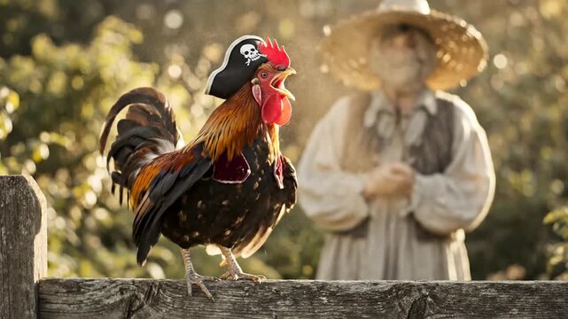 Rooster Standing on Fence with Farmer.