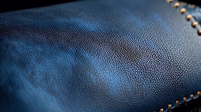 A close-up showcases stitched leather, displaying texture and craftsmanship. The deep blue color complements gold thread