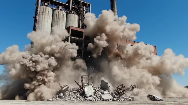 Demolition of an old industrial building with explosive destruction.