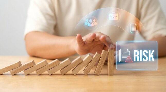 A person's hand is proactively preventing a line of wooden dominoes from collapsing, symbolizing effective risk management and crucial incident prevention strategies.