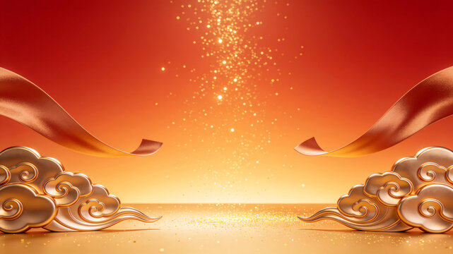 Metal texture red and gold auspicious clouds Guochao style background