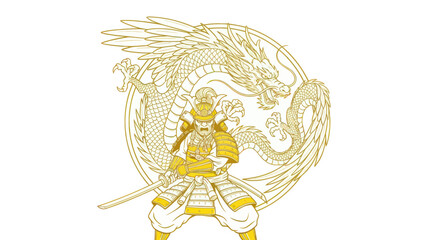 Fototapeta premium Samurai Warrior with Dragon Emblem, Japanese Warrior, Sword, Armor, Mythical Creature