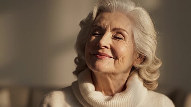 Serene elderly woman basking in warm sunlight, enjoying a moment of peace and relaxation.