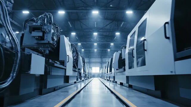 Forward moving camera glide through modern factory aisle with rows of CNC machines and robotic systems, perspective emphasizing scale precision automation and high tech production