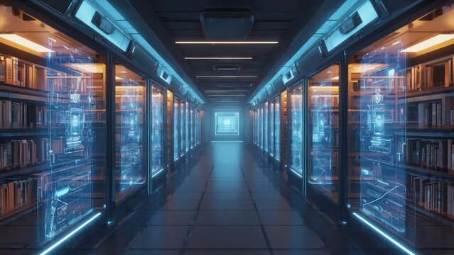 A futuristic library corridor with glowing digital holograms displayed between rows of traditional bookshelves, blending technology and knowledge.