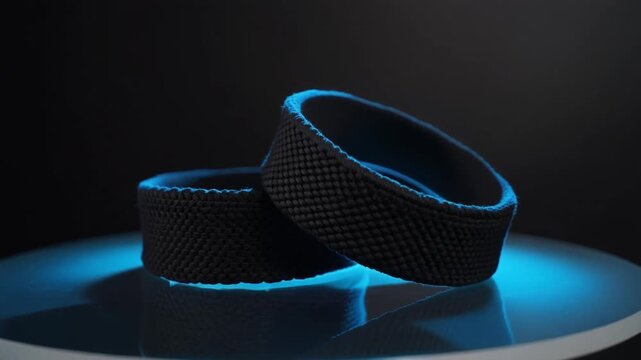 Woven Wristband Pair. Soccer/Football Merchandise Mockup (No Brand, No Logo). Product Mockup. two matching unbranded black wristbands made of thick absorbent cotton, set on a simple glass surface
