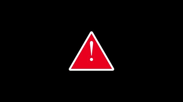 Red warning triangle icon with exclamation mark on black background , with video animation.
