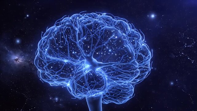 Glowing Blue Neural Network Brain Model Animation on Starry Cosmic Dark Sky Background for Science