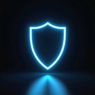 Neon blue shield floats on black background. This glowing symbol represents digital security and cyber protection. Futuristic technology abstract concept.
