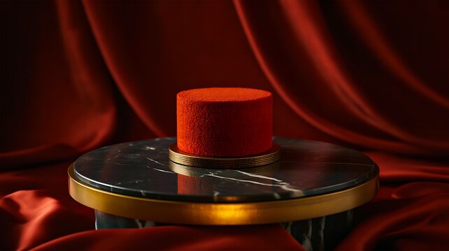 Traditional red fez hat on round table with red curtain background