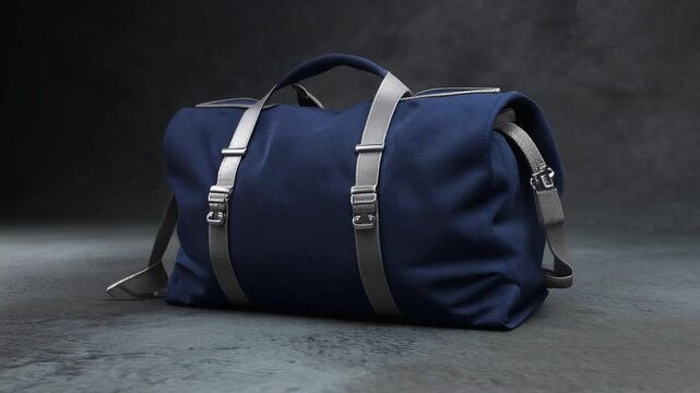 Canvas Equipment Bag. Soccer/Football Merchandise Mockup (No Brand, No Logo). Product Mockup. Navy blue canvas duffel bag with silver zippers, set on a textured concrete floor in a industrial studio
