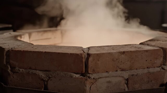Intense Heat and Smoke Emanating from a Circular Brick Furnace with Glow Casting Warm Light in a