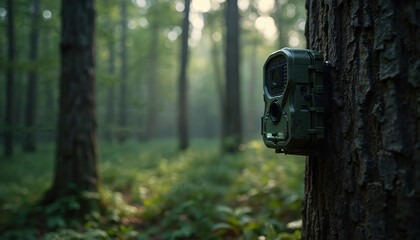 Trail camera attached to tree trunk in green forest. Device records wildlife, observes natural habitat, monitors environment for research, conservation projects. Remote sensing equipment used in
