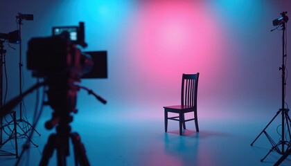 Empty chair sits in recording studio. Filming equipment and tripod surround object. Pink and blue lights create mood. Space ready for interview or photoshoot. Modern production setup.
